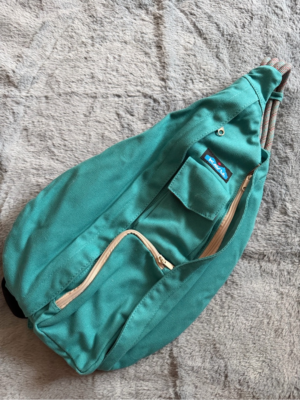 Kavu Teal Canvas Sling Bag with Beige Zippers